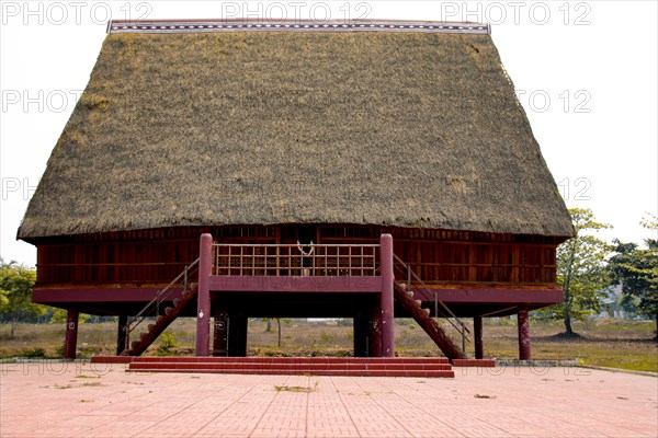 Traditional architecture of a Bahnar ethnic stilt house or Rong House in Pleiku countryside, Vietnam, Asia