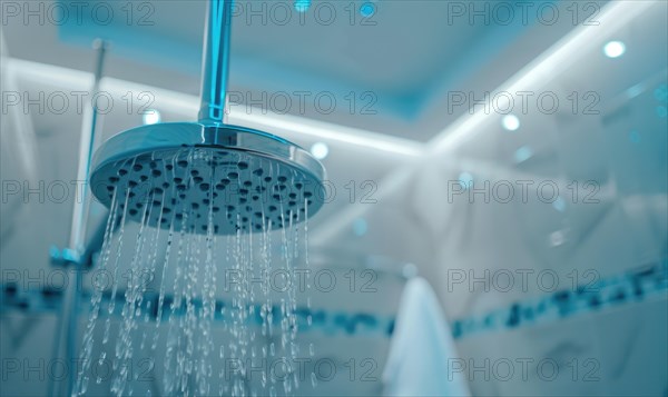 Refreshing stream of water droplets from a showerhead, emitting a blue tone AI generated