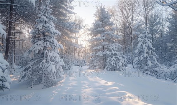 A snowy path lined by trees glistens in the morning light, creating a tranquil winter scene AI generated