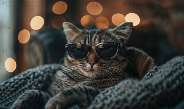 Cat relaxing on a knit blanket with sunglasses on and soft bokeh lights in the background AI generated