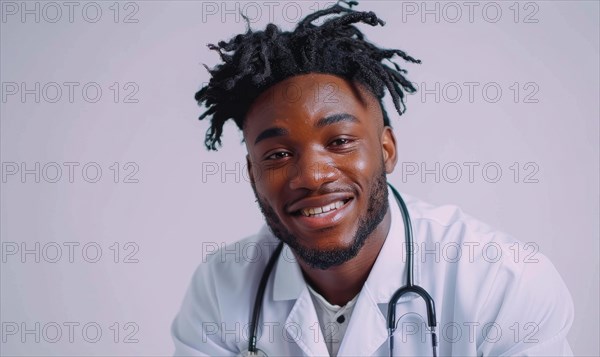 Cheerful man with dreadlocks wearing a stethoscope and white coat, smiling at the camera AI generated