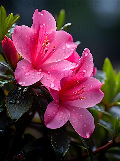 Pink azalea flowers with raindrops vibrant green springtime, AI generated