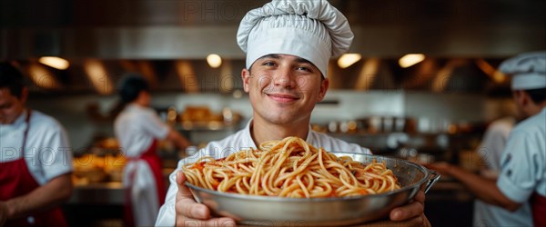 Happy young chef presenting a large bowl of pasta, displaying satisfaction with his culinary creation, in a crowded restaurant professional kitchen settings sharing with colleagues, AI generated