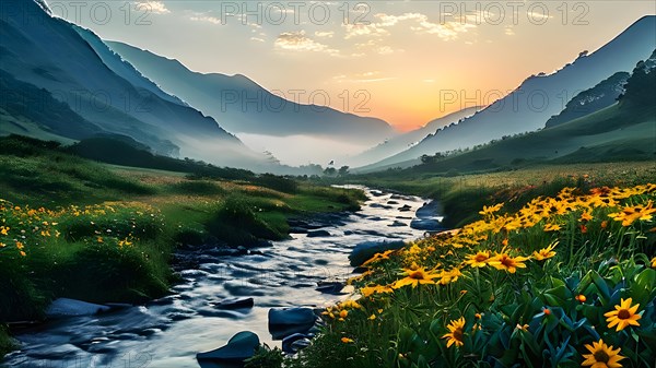 Sunrise illuminating a tranquil river serpentine path through a vibrant green valley, AI generated