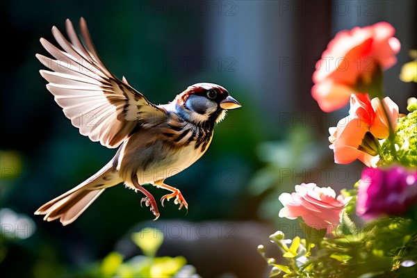 Sparrow mid take off wings outstretched amidst vibrant summer garden, AI generated