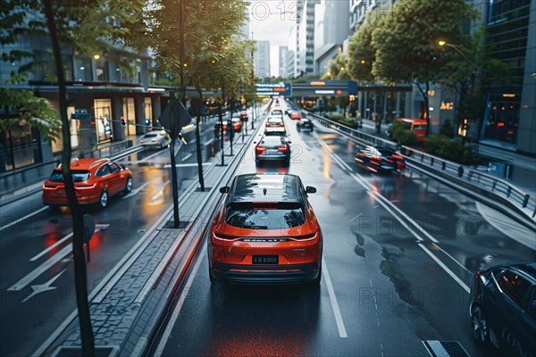 Traffic moves through city streets on a rainy day, headlights reflecting off the wet pavement, AI generated