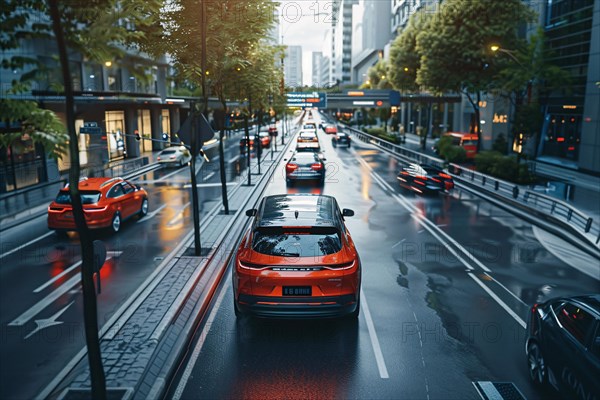 Traffic moves through city streets on a rainy day, headlights reflecting off the wet pavement, AI generated