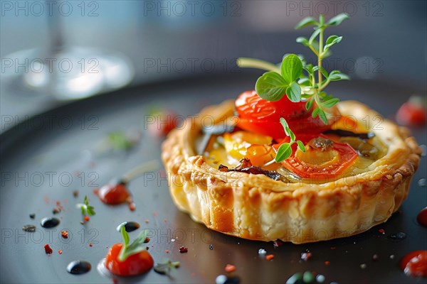 A gourmet baked dish with tomato and herb garnish artistically plated, AI generated