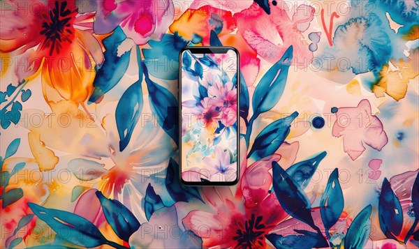 Artistic smartphone mockup against a vibrant watercolor floral seamless background AI generated