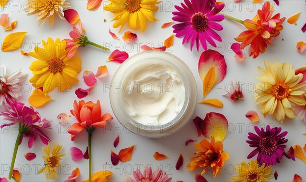 Creme jar blank mockup adorned with flower petals in various hues AI generated