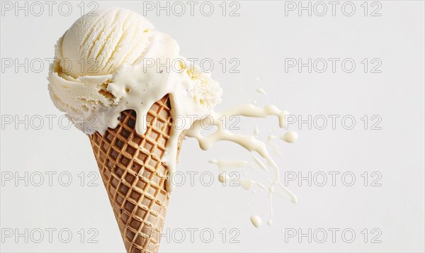Melting ice cream cone on white background AI generated