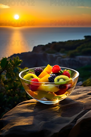 Glass bowl brimming with colorful fruit salad perched on a cliffs edge vast ocean, AI generated