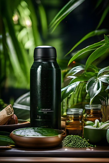 Reusable water bottle nestled between cloth shopping bags and bamboo utensils, AI generated