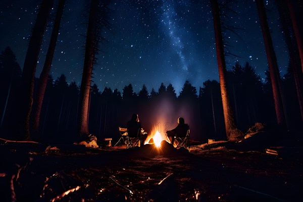 Campfire embers glowing sumptuously alive in the darkness of an unending star filled sky, AI generated