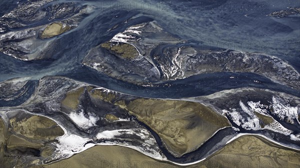 Overgrown river landscape, Eldhraun, near Kirkjubaejarklaustur, drone image, Sudurland, Iceland, Europe