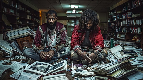 Two men sitting on the floor amidst a chaotic pile of books in a dimly-lit library, AI generated