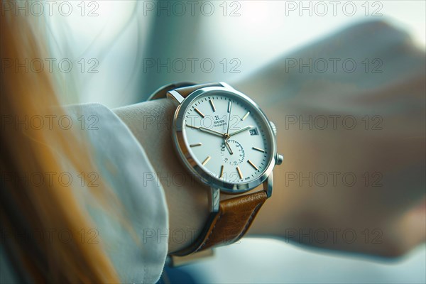 Close-up of a wrist wearing a watch with a leather strap, indicating the time, AI generated