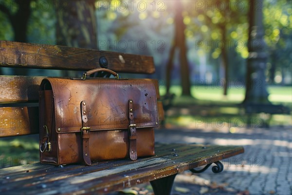 A leather briefcase on a park bench, highlighting professional craftsmanship and solitude, AI generated