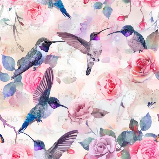 Seamless watercolor pattern with rose flowers and hummingbirds AI generated