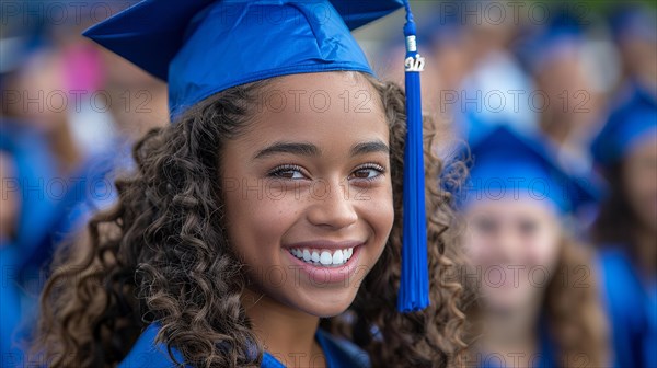 Cheerful young girl in blue graduation gown at a ceremony, AI generated