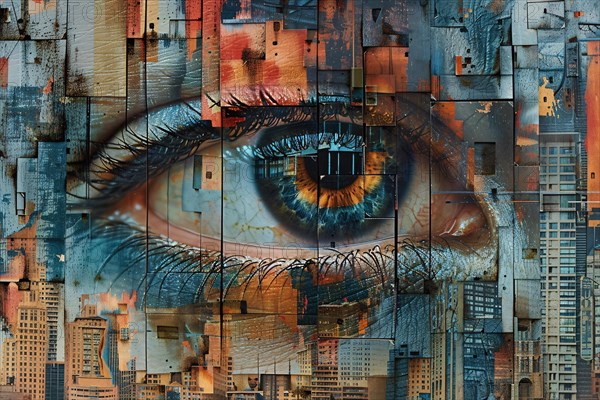 An abstract artwork combining an eye detail with urban cityscape collage elements, illustration, AI generated