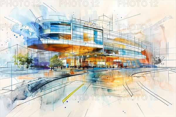 Dynamic and vibrant illustration of a modern urban commercial architecture, illustration, AI generated