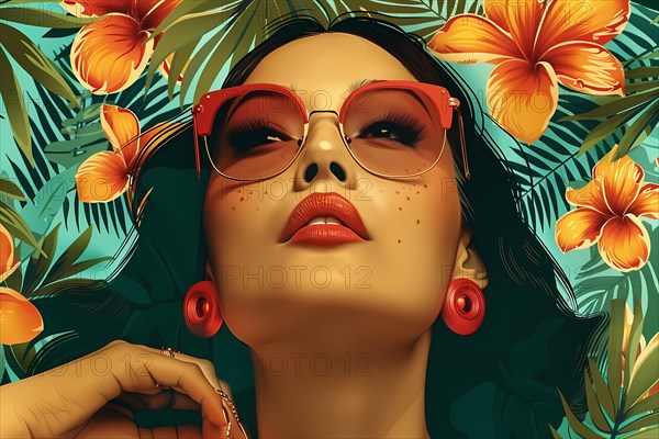 Fashion portrait of a woman with tropical flowers surrounding her and vibrant pink sunglasses, illustration, AI generated
