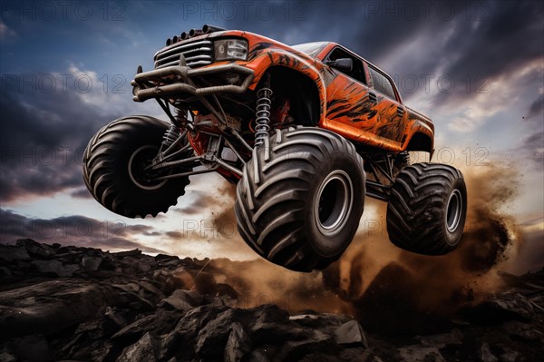 Monster truck driving and jumping outdoors amidst a cloud of dust. Thrill and adrenaline of an outdoor racing event on off-road terrain, AI generated