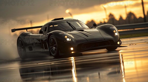 Black race car with motion blur on a wet racetrack at sunset with dramatic lighting, AI generated