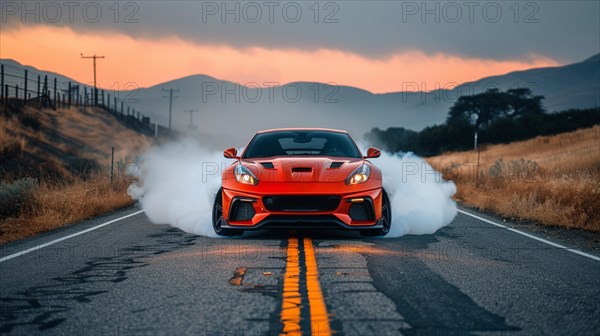 A powerful red sports car performing a burnout on a deserted road at twilight, AI generated