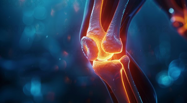 Digital biomedical visualization of a glowing knee structure on a blue background, ai generated, AI generated