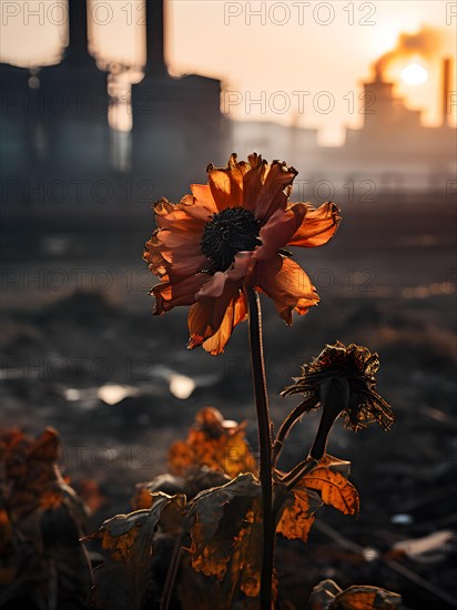 Wilted flower against a backdrop of industrial smokestacks, AI generated