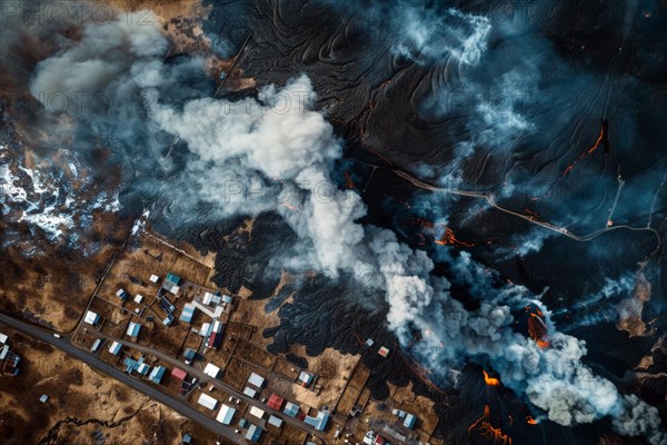 Drone image, aerial image, of a lava flow entering a settlement area after a volcanic eruption and destroying the infrastructure, symbolic image for natural disasters, AI generated, AI generated, AI generated