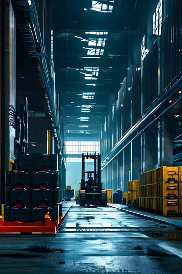 Loading bay at a seaport with forklifts and workers, AI generated