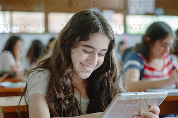 A student, teenager sits with a digital tablet in the classroom and looks at a digital tablet, symbol image, digital teaching, learning environment, media competence, eLearning, media education, AI generated, AI generated, symbol image for digital teaching