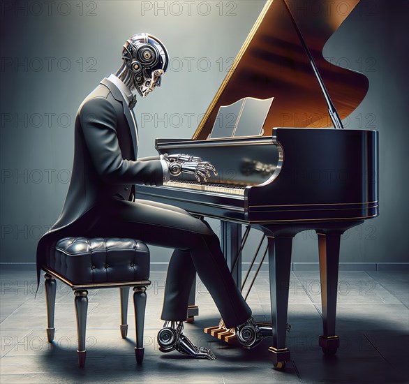 A humanoid robot sits at a grand piano in a concert hall and plays classical music, symbolic image cybernetics, science fiction, technology, art AI generated, AI generated