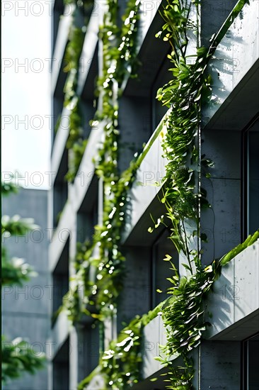 Building facade bio concrete seamlessly interlaced with living plants, AI generated