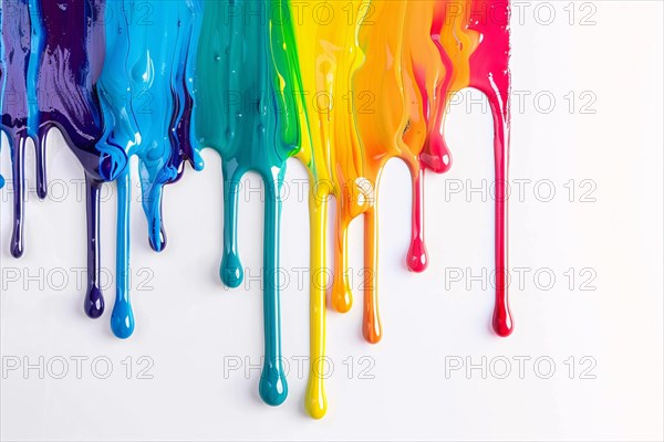 Thick acrylic or oil paint colors dripping from white wall. KI generiert, generiert, AI generated