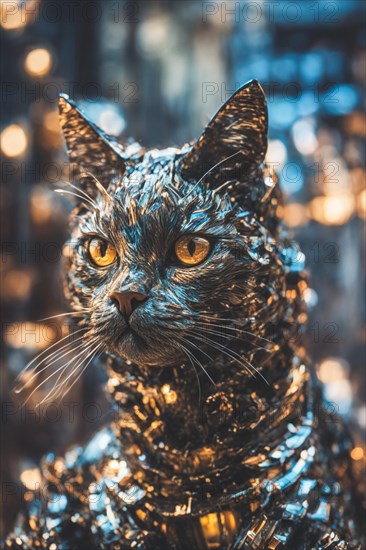 A tinsel-clad cat with yellow eyes poses with a blurred golden background, ray tracing 3d sculpture, AI generated