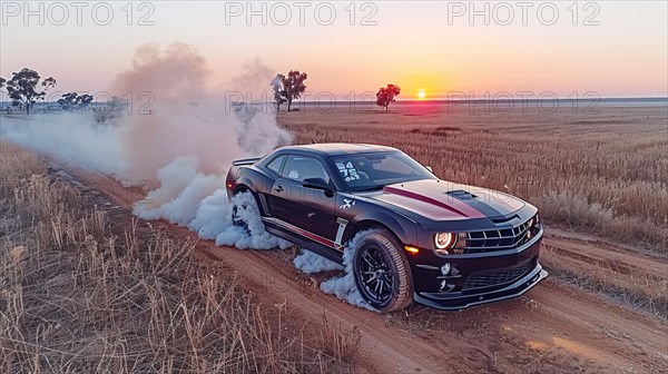A black Camaro making a cloud of dust while driving through a field at sunset, action sports photography, AI generated