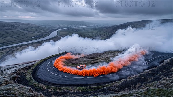 A car drifting around a curve with orange smoke on a moorland road, action sports photography, AI generated