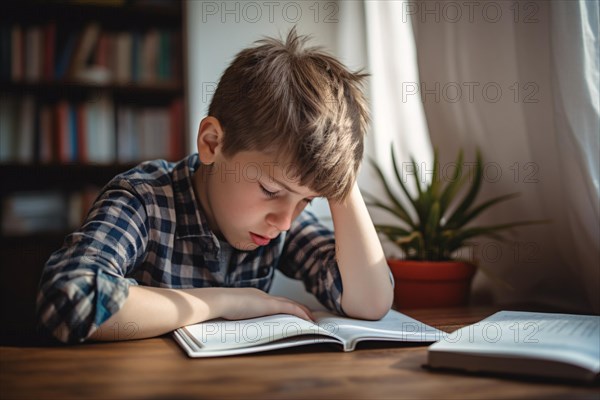 Young boy child trying to dtsuy or do homework. Having problems concentrating. KI generiert, generiert, AI generated