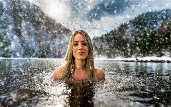 A young pretty woman bathes in an ice-cold lake in snowfall, AI generated, AI generated