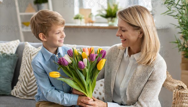The child beamingly presents a bouquet of tulips to the mother and she smiles at him, AI generated, AI generated