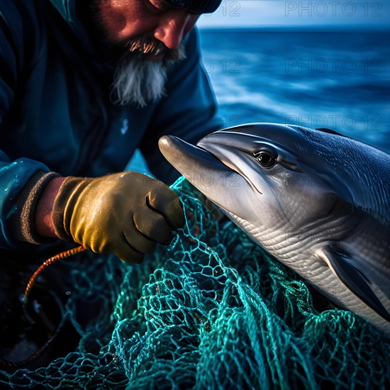 Fisherman's rough hands meticulously disentangling a young dolphin from a fisher net, AI generated, deep sea, fish, squid, bioluminescent, glowing, light, water, ocean