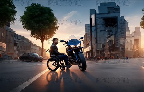 Concept of a wheelchair motorcyclist wearing a helmet. Injuries and deaths among motorcyclists, AI generated