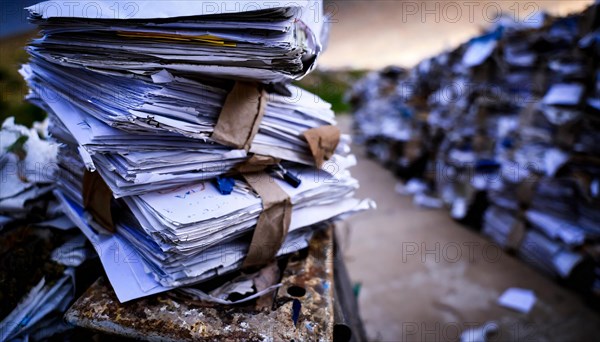 Piles of sorted papers ready for recycling on an industrial site, symbol bureaucracy, AI generated, AI generated