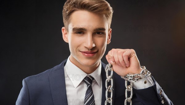 Smiling man in suit with chains on his hand represents a symbolic liberation from shackles, symbol office, AI generated, AI generated
