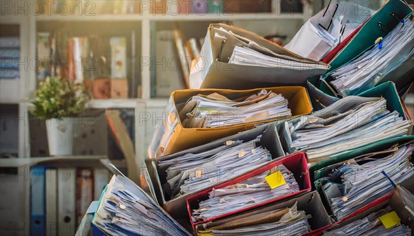 Overflowing filing boxes with lots of papers and folders in one room, bureaucracy symbol, AI generated, AI generated