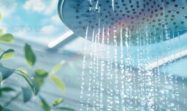 Sunlit water flows from a showerhead with a hint of greenery in the background AI generated